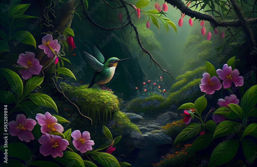 Beautiful nature scene with birds chirping around the forest trees, colorful flowers and plants in the natural environment where the beauty of the jungle comes to life AI Generated