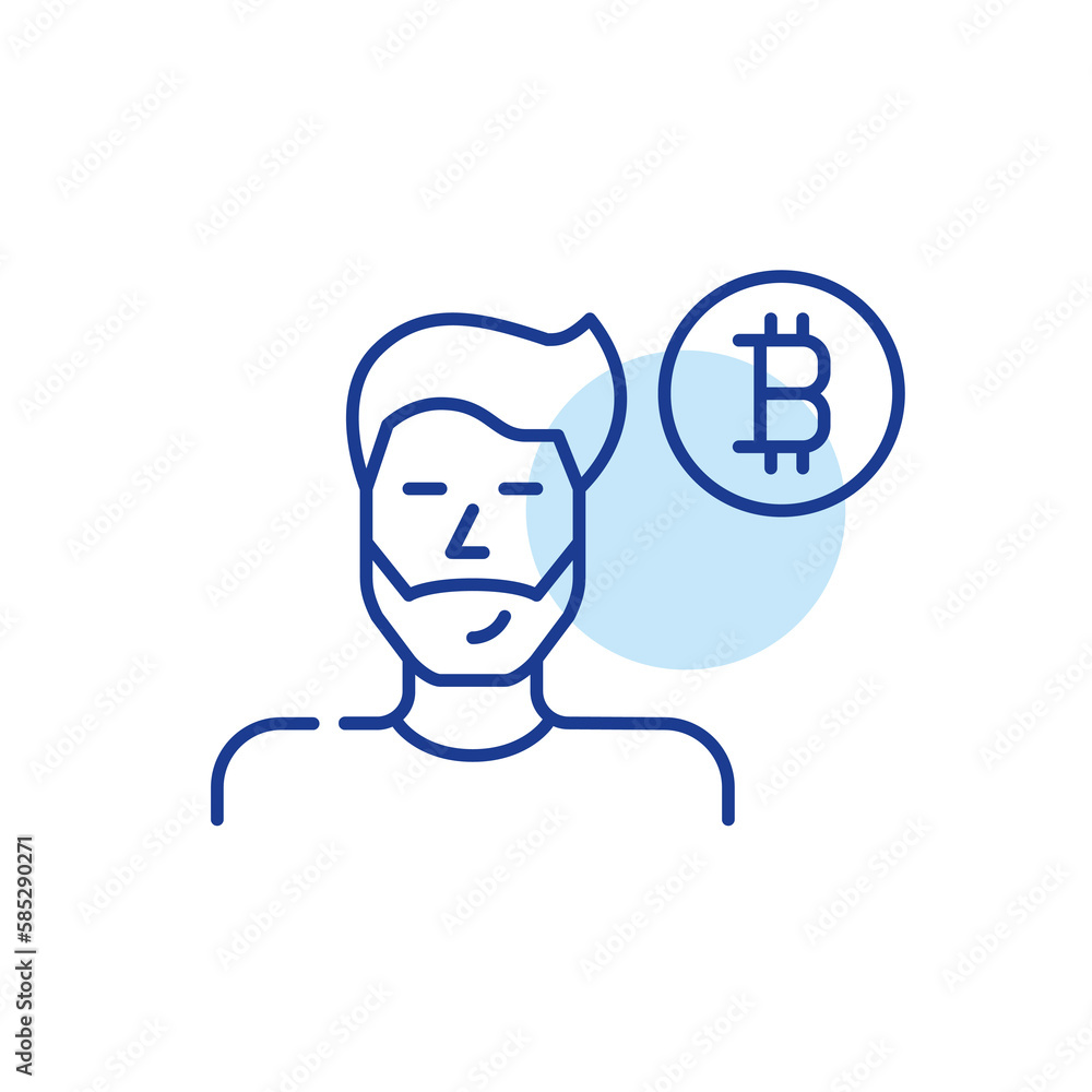 Virtual currency user. Smiling young man with bitcoin symbol. Pixel perfect, editable stroke line icon Virtual currency user. Smiling young man with bitcoin symbol. Pixel perfect, editable stroke line icon