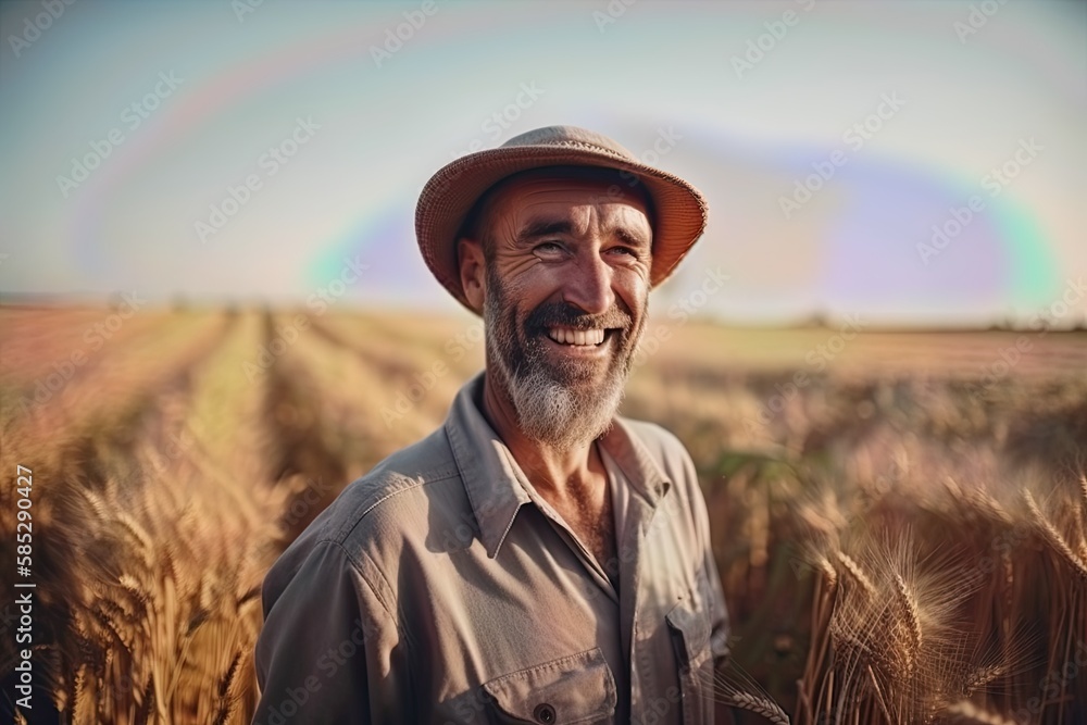 A farmer in a field, smiling as he harvests crops and tends to his land A farmer in a field, smiling as he harvests crops and tends to his land