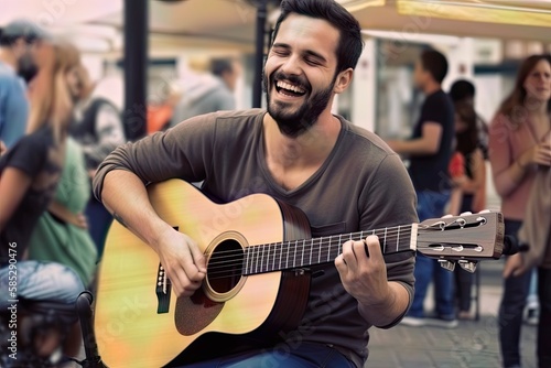 A musician playing a guitar, with a big smile as he performs for an audience at the road