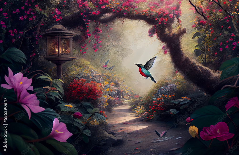 Fototapeta premium Beautiful nature scene with birds chirping around the forest trees, colorful flowers and plants in the natural environment where the beauty of the jungle comes to life AI Generated