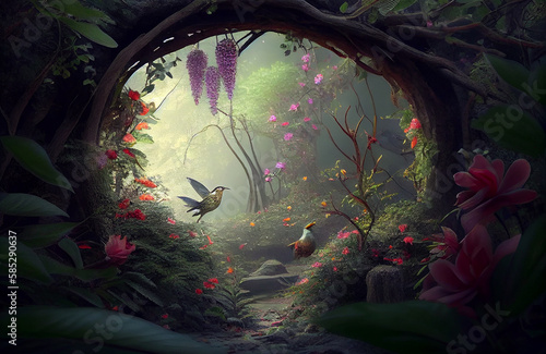 Beautiful nature scene with birds chirping around the forest trees, colorful flowers and plants in the natural environment where the beauty of the jungle comes to life AI Generated © Musashi_Collection