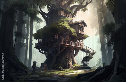 Amidst a verdant forest, a cozy treehouse nestles in an ancient tree, the sunlight is blending harmoniously with nature landscape AI Generated