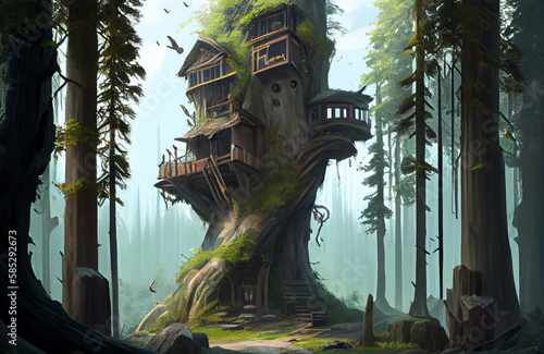 Amidst a verdant forest, a cozy treehouse nestles in an ancient tree, the sunlight is blending harmoniously with nature landscape AI Generated