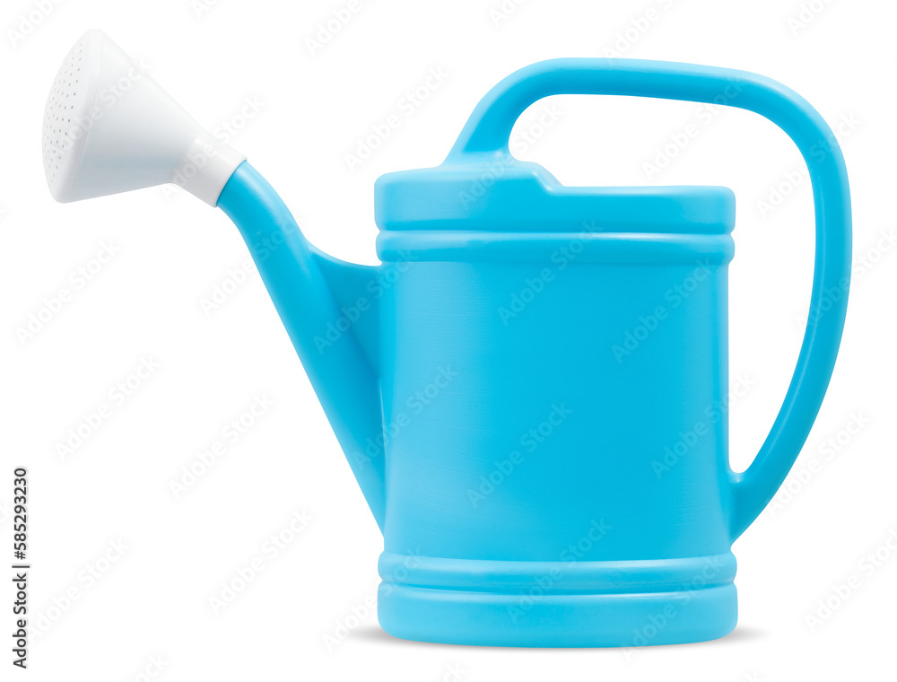 Fototapeta premium Colorful blue Plastic Watering Can, isolated on white background, spring time concept for home garden or vegetable garden and plants care