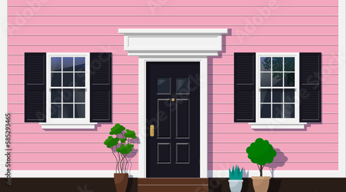 colonial house facade  front entrance door windows with shutters  potted plants exterior design vector illustration