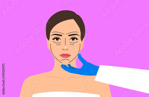woman face with lines facial cosmetic and plastic surgery doctor hand in glove vector illustration