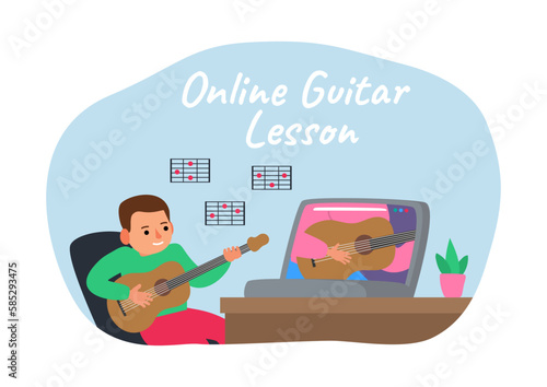 little boy playing guitar  online lesson laptop vector illustration