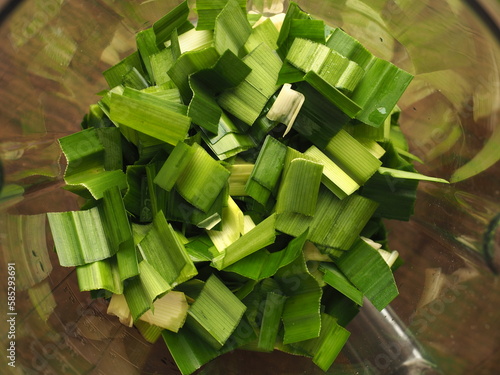 cut pandan leaves in glass bowl photo