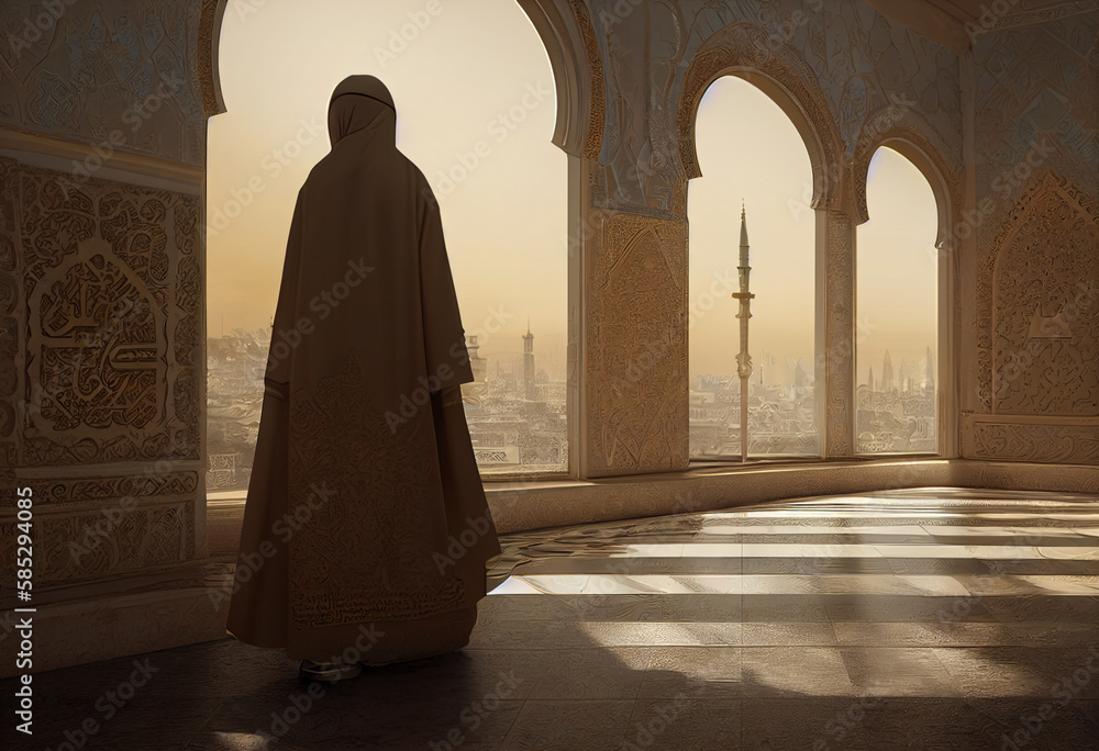 A woman stands in a building with a view of the city of babylon. Generative ai