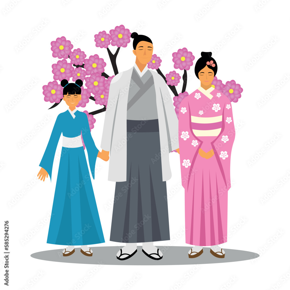 Happy Japanese family on white background