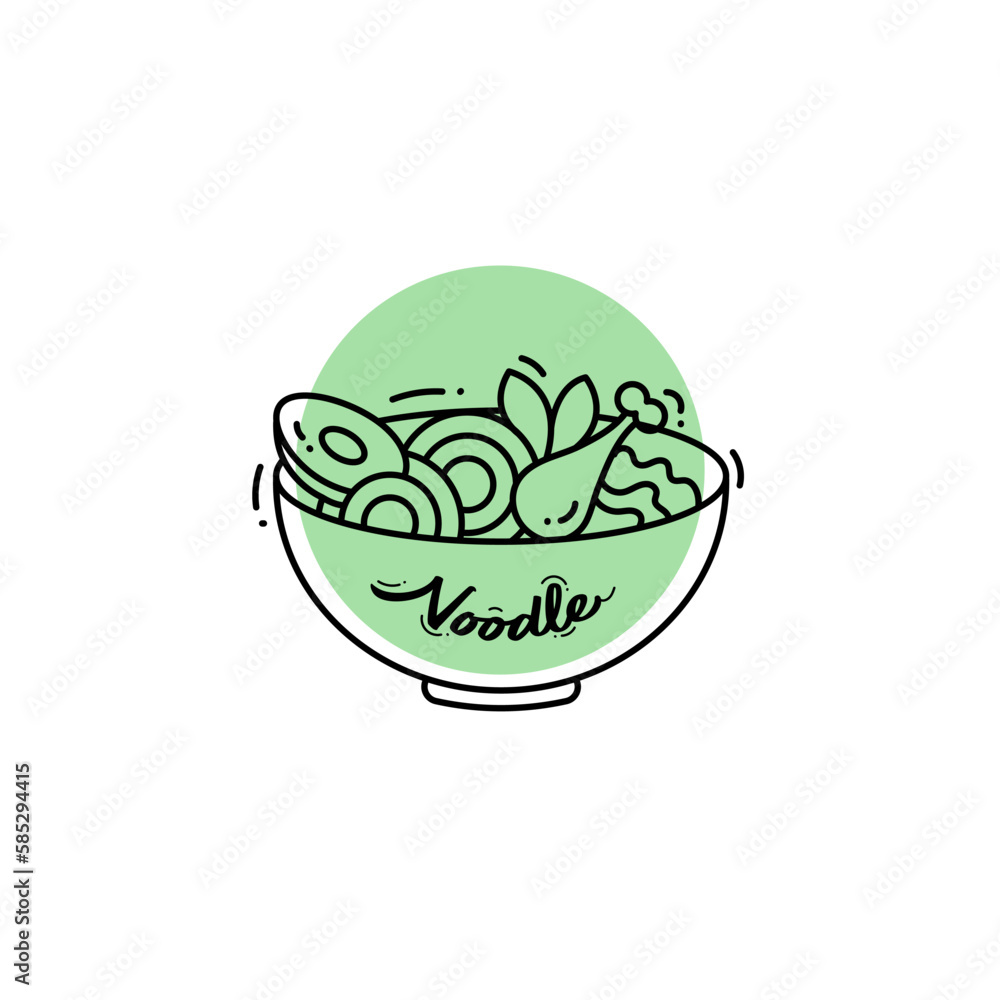 Line art illustration of noodles with various toppings Line art illustration of noodles with various toppings