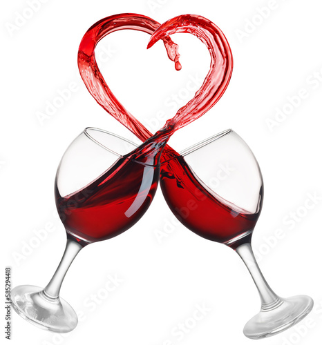 two glasses of red wine with heart shape splash isolated on white