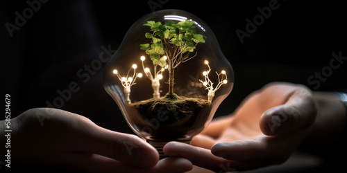 Hand holding light bulb with power plug and show trees, renewable energy icons with sustainable development Generative AI