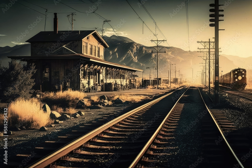 rails and in the background is an old train station. Generative AI