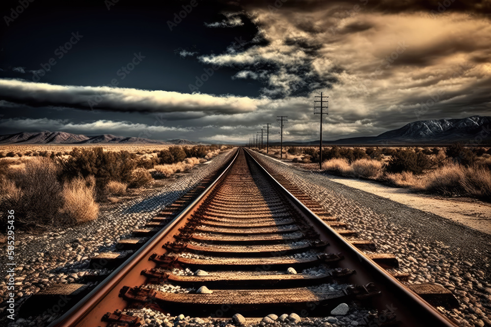 Fototapeta premium old rails and a dramatic sky with an epic sunset. Generative AI