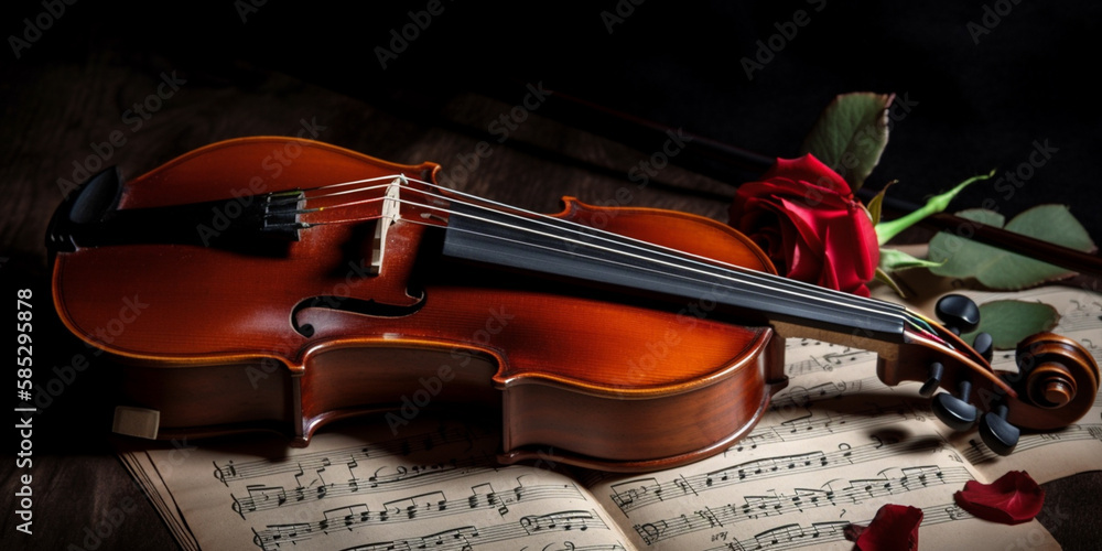 Fototapeta premium violin and red rose on note paper Generative AI