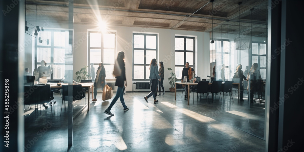 Group of office employees at coworking center. Business people walking at modern open space. Motion blur. Generative AI Group of office employees at coworking center. Business people walking at modern open space. Motion blur. Generative AI