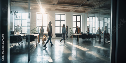 Wallpaper Mural Group of office employees at coworking center. Business people walking at modern open space. Motion blur. Generative AI Torontodigital.ca