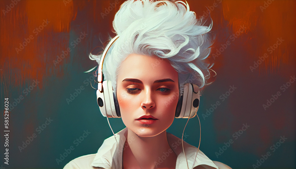 ヘッドホンで音楽を聴く女性（AI生成画像・Generative AI）
