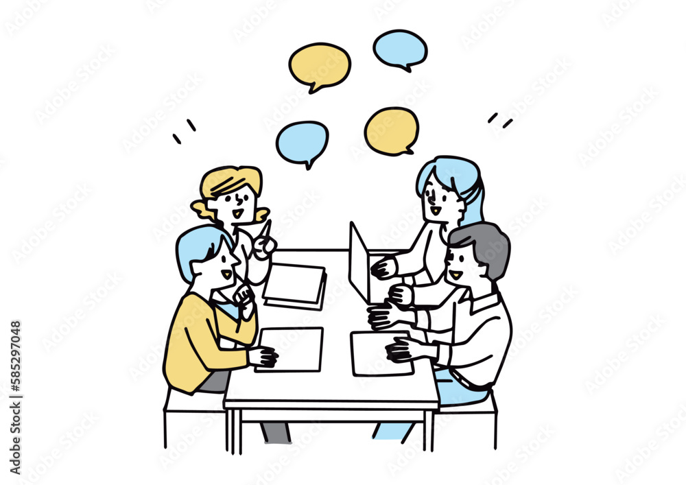 チームで意見を出し合い打ち合わせをしている人々のイメージイラスト チームで意見を出し合い打ち合わせをしている人々のイメージイラスト