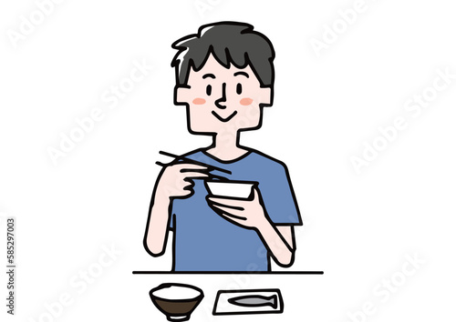 朝ごはんを食べる男性　朝起きることができないイラスト