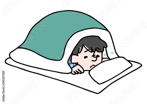 布団からなかなか出ることができない男性　朝起きることができないイラスト