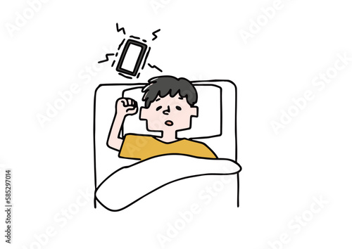 スマホのアラームが鳴っても気が付かず寝ている男性朝起きることができないイラスト