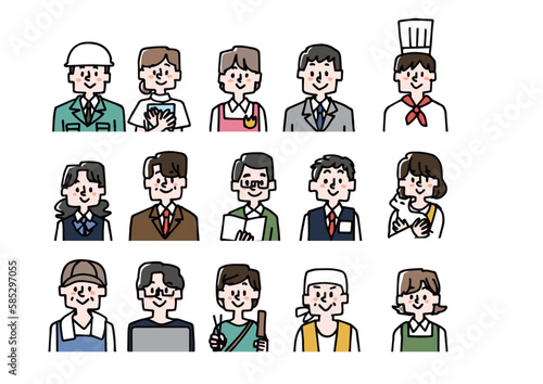 シンプルな線画で描かれた、様々な職業の男性女性の人物アイコンセット