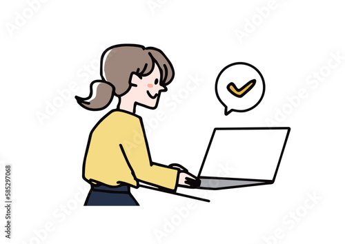 パソコンでチェックする女性のイラスト