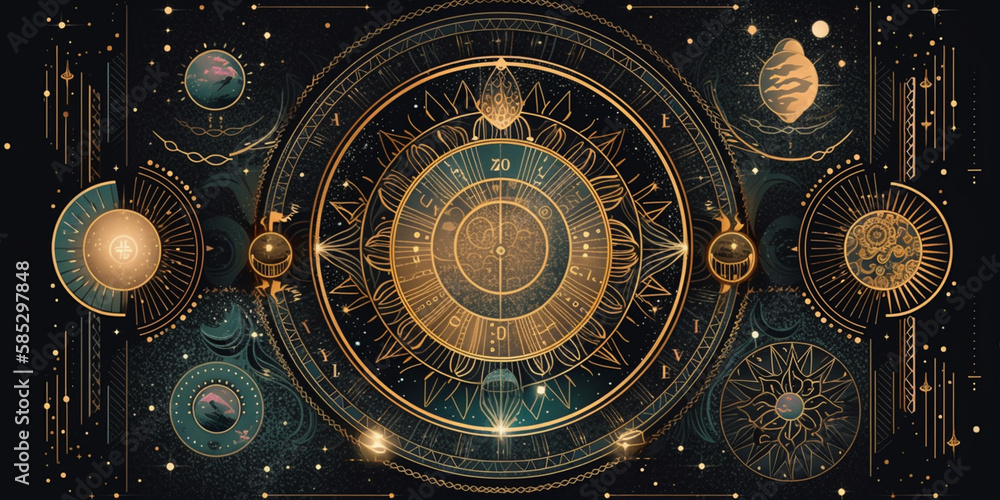 illustration poster, moon, celestial symbols, glowing accents  Generative AI