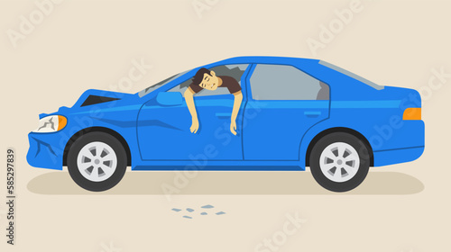 Isolated crashed car. Road accident death. Male driver killed after colliding. Flat vector illustration template.