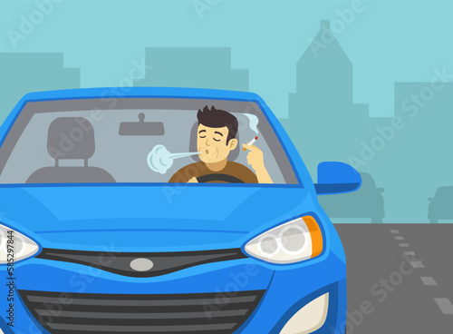 Close-up of male driver smoking cigarette while driving a car. Front view. Flat vector illustration template.