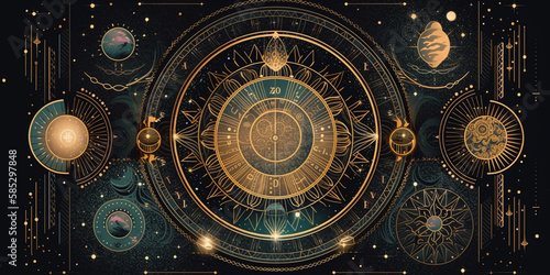 illustration poster, moon, celestial symbols, glowing accents Generative AI