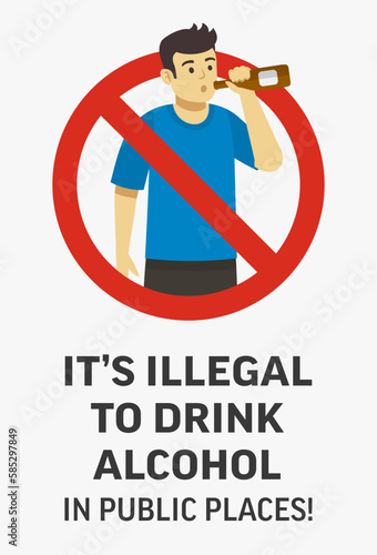 Man holding bottle and drinking alcohol. "It's illegal to drink alcohol in public places" poster design. Flat vector illustration template.