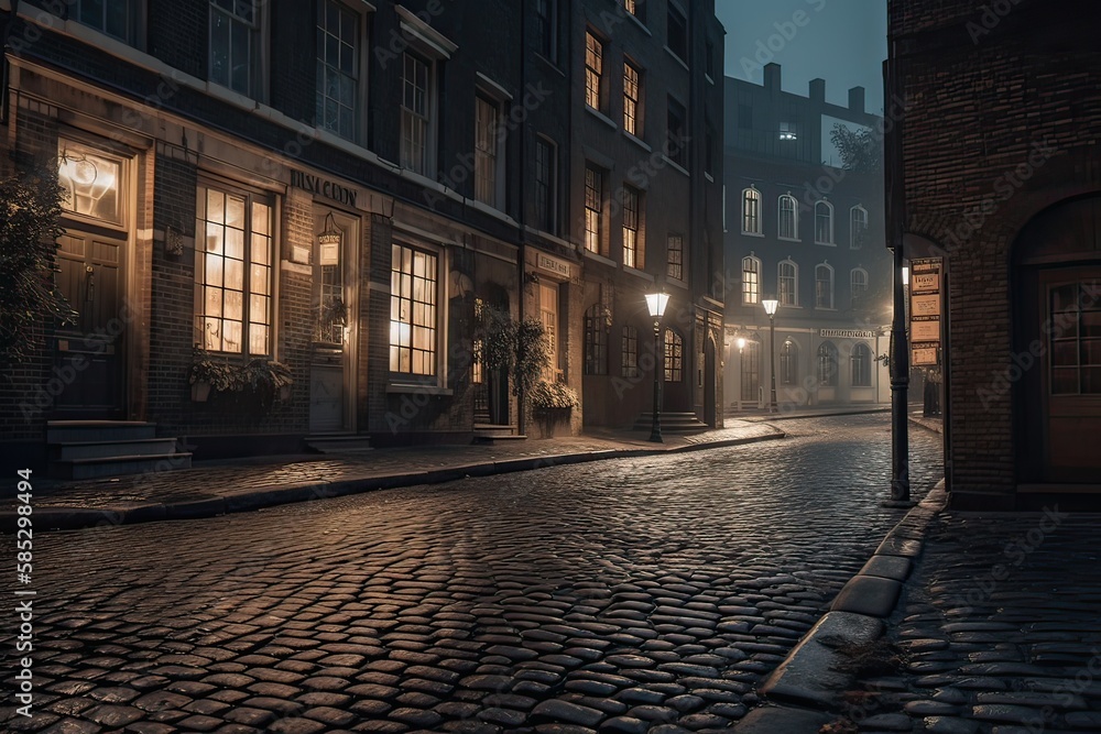 night city view traditional timber framed buildings on both sides of cobblestone street in old town. Generative Ai.