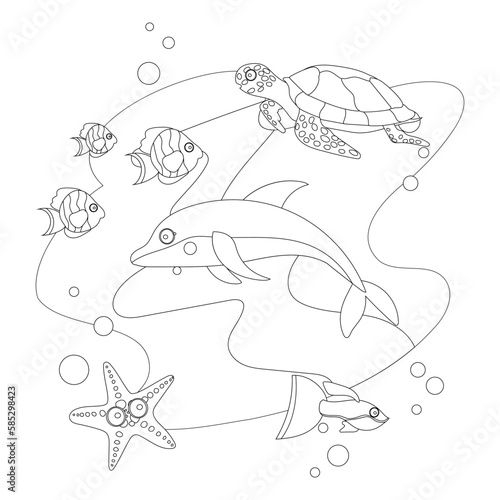 Coloring pages. Marine wild animals. Dolphin swims with turtle, starfish and some kinds of fish underwater.