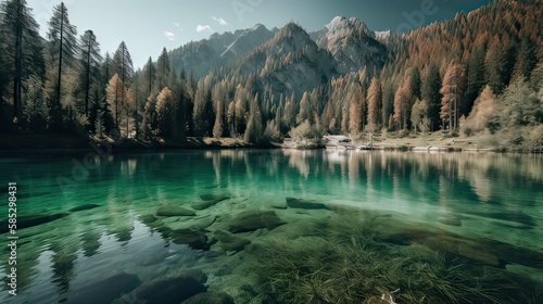 Fantastic mountain lake in Triglav national park. Located in the Bohinj Valley of the Julian Alps. Dramatic unusual scene. Slovenia, Europe. Beauty world.