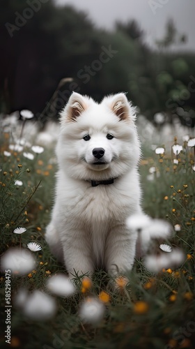 dog of the Samoyed breed sits against the background of a blooming meadow. Happy dog. Generative Ai