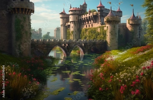 castle with moat landscape background, generative ai
