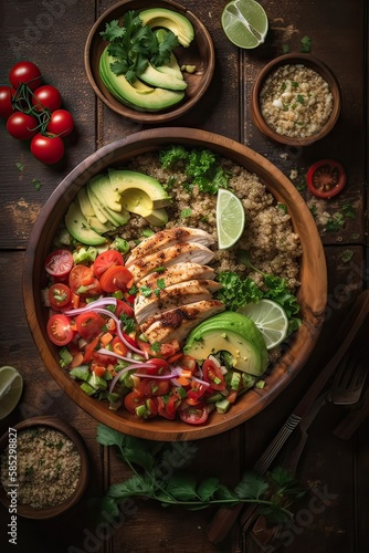 Healthy salad bowl with quinoa, tomatoes, chicken, avocado, lime and mixed greens, lettuce, parsley on wooden background top view. Food and health. Generative Ai.