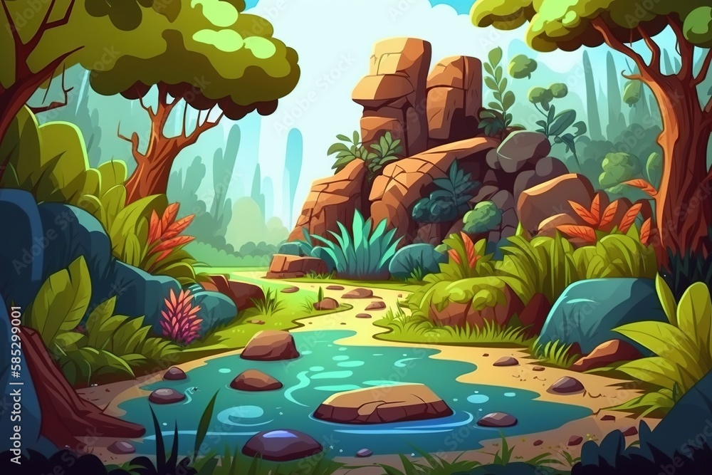 Cartoon-style jungle scene with a river and rocks