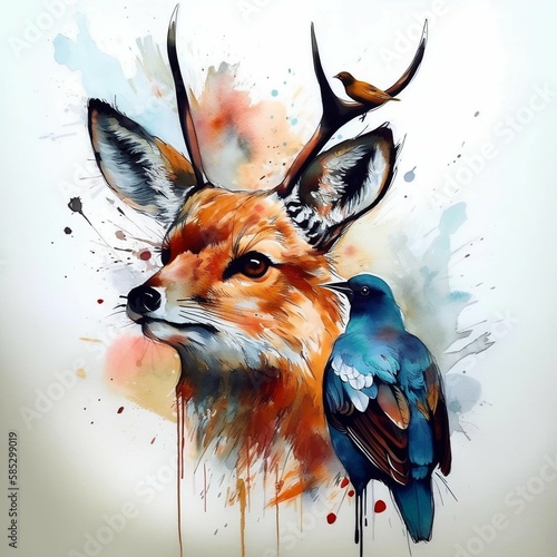 Deer and birds digital oil painting style art