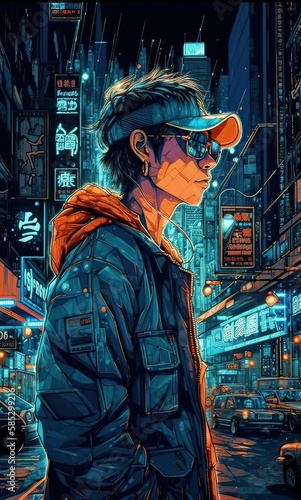 illustration of young handsome hipster man stands in glow city. stylish rappers in glow city. Non-existent person. Generative Ai.