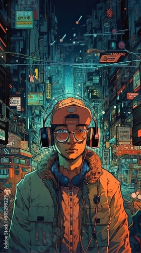 illustration of young handsome hipster man stands in glow city. stylish rappers in glow city. Non-existent person. Generative Ai.