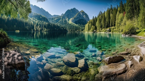 Fantastic mountain lake in Triglav national park. Located in the Bohinj Valley of the Julian Alps. Dramatic unusual scene. Slovenia, Europe. Beauty world.