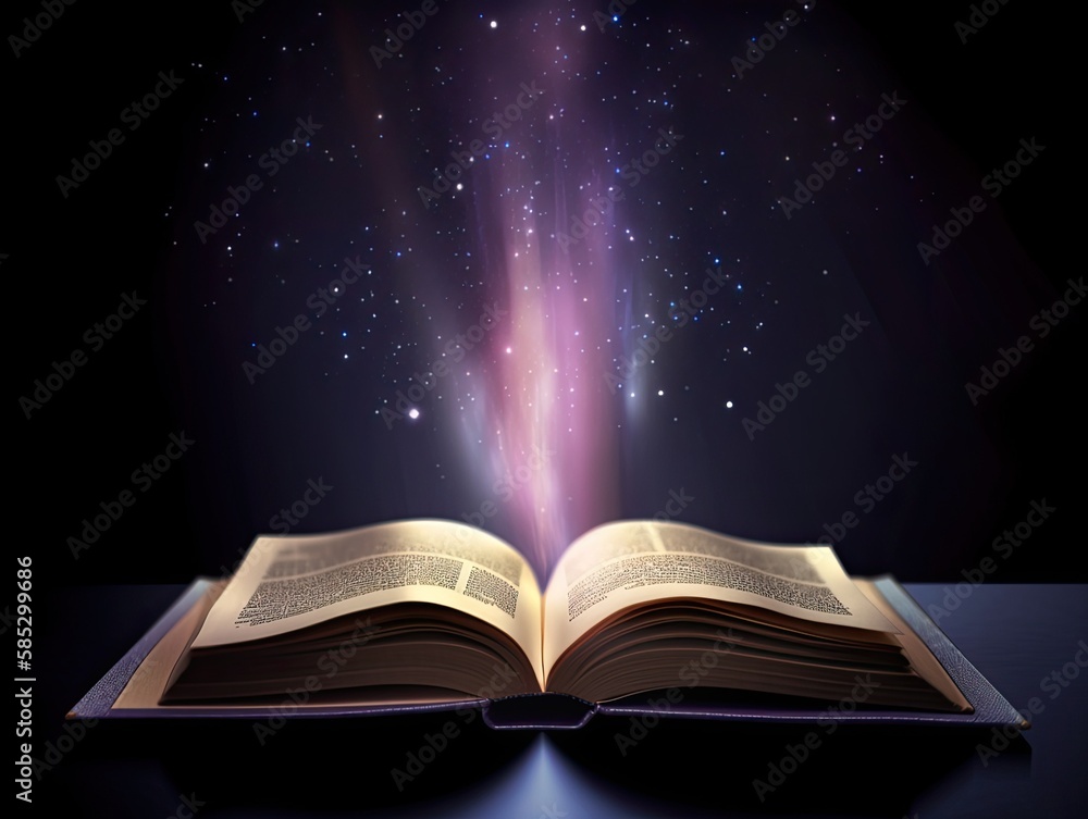 Generative AI illustration of a book of fairy tales with open pages, magical light of shining stars and sparkling fireworks on a dark background. Generative AI illustration of a book of fairy tales with open pages, magical light of shining stars and sparkling fireworks on a dark background.
