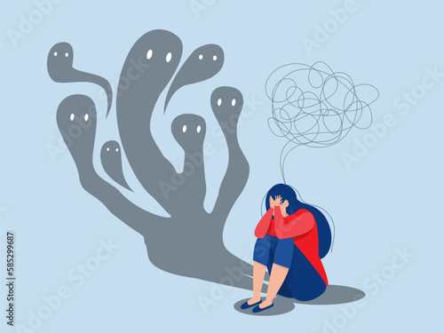 Fear attack concept  girl sitting on floor and struggling with inner fears and psychological disorders problems with mental health and psychology.  phobia Cartoon flat vector illustration