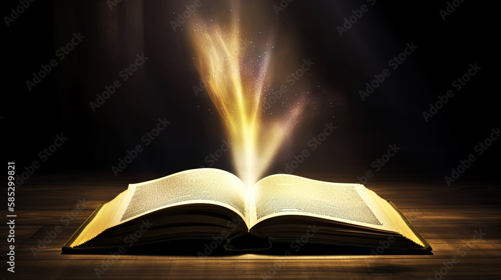 Generative AI horizontal illustration of a book of fairy tales with open pages, magical light of shining stars and sparkling fireworks on a dark background. Generative AI horizontal illustration of a book of fairy tales with open pages, magical light of shining stars and sparkling fireworks on a dark background.