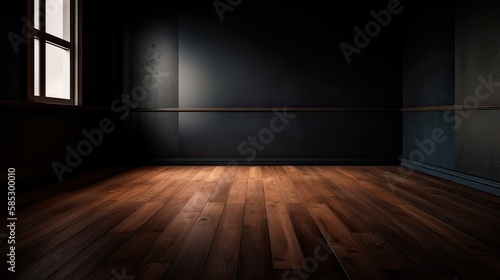 Classic black empty interior with wall panels, moldings and wooden floor. Generative Ai. © Kowit
